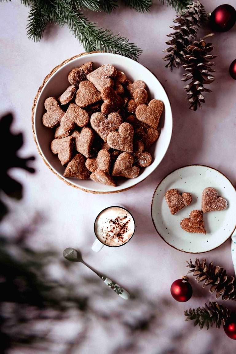 Chocolate heart cookies in a bowl.