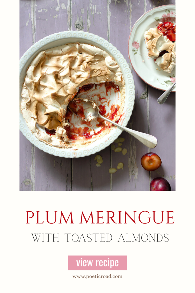 Swiss Plum Meringue (Zwetschgen) with Toasted Almond Base 17 Pinterest pin for Swiss Plum Meringue recipe with the image of a plum meringue at the top and the recipe title underneath.