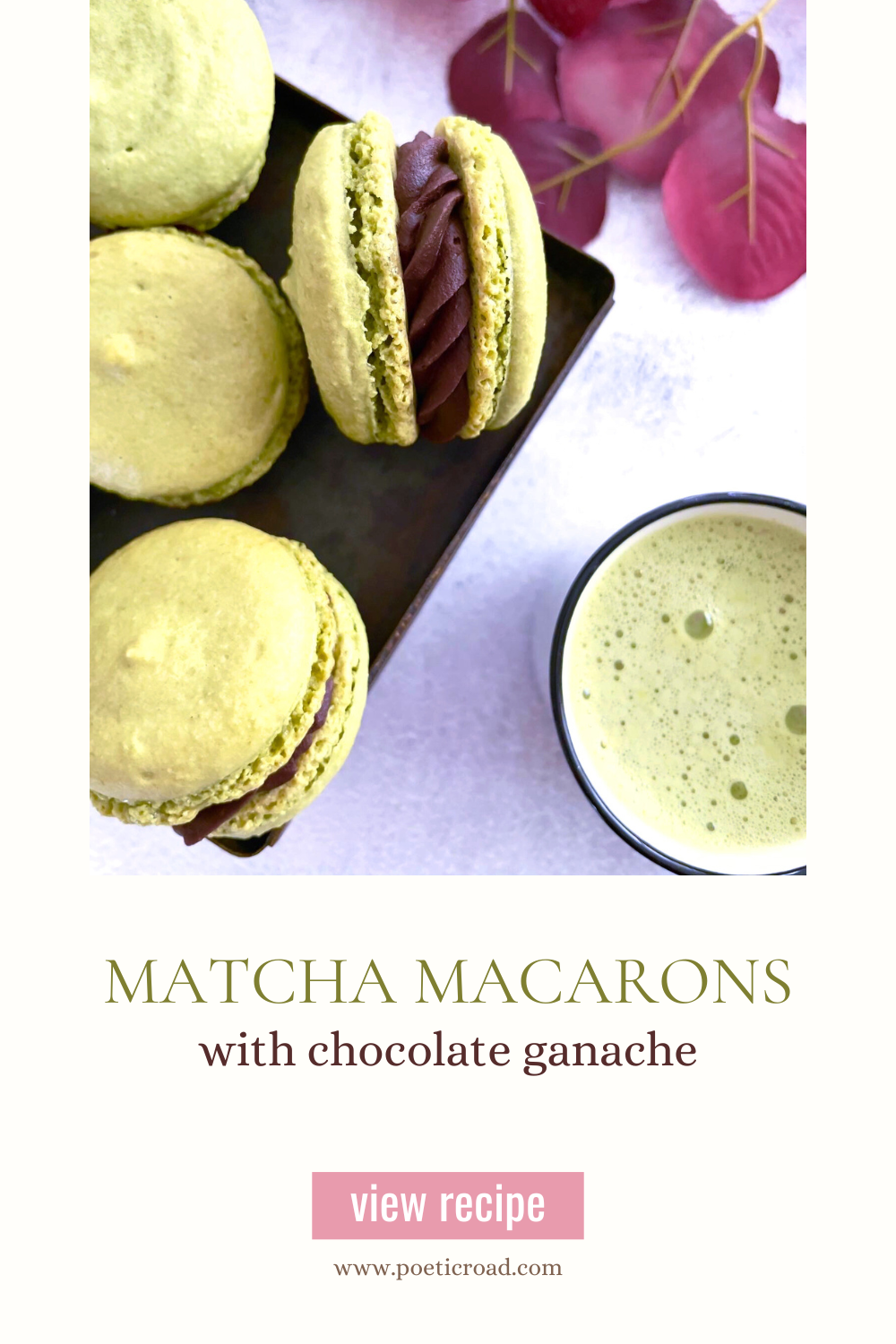 Matcha macarons pinterest pin with recipe image at the top and recipe title at the bottom.