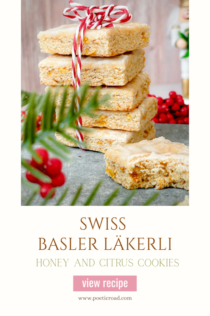 Basler Läckerli (Traditional Swiss Honey Spice Cookies) 25 Basler Lakerli Pinterest pin with image of the cookies at the top and recipe title underneath.