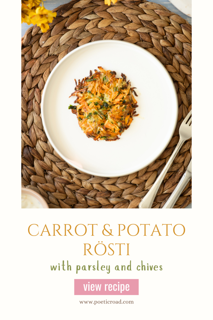 Spring Carrot Rösti Recipe with Lemon and Herbs 37 Pinterest pin of carrot and potato rosti on a plate.