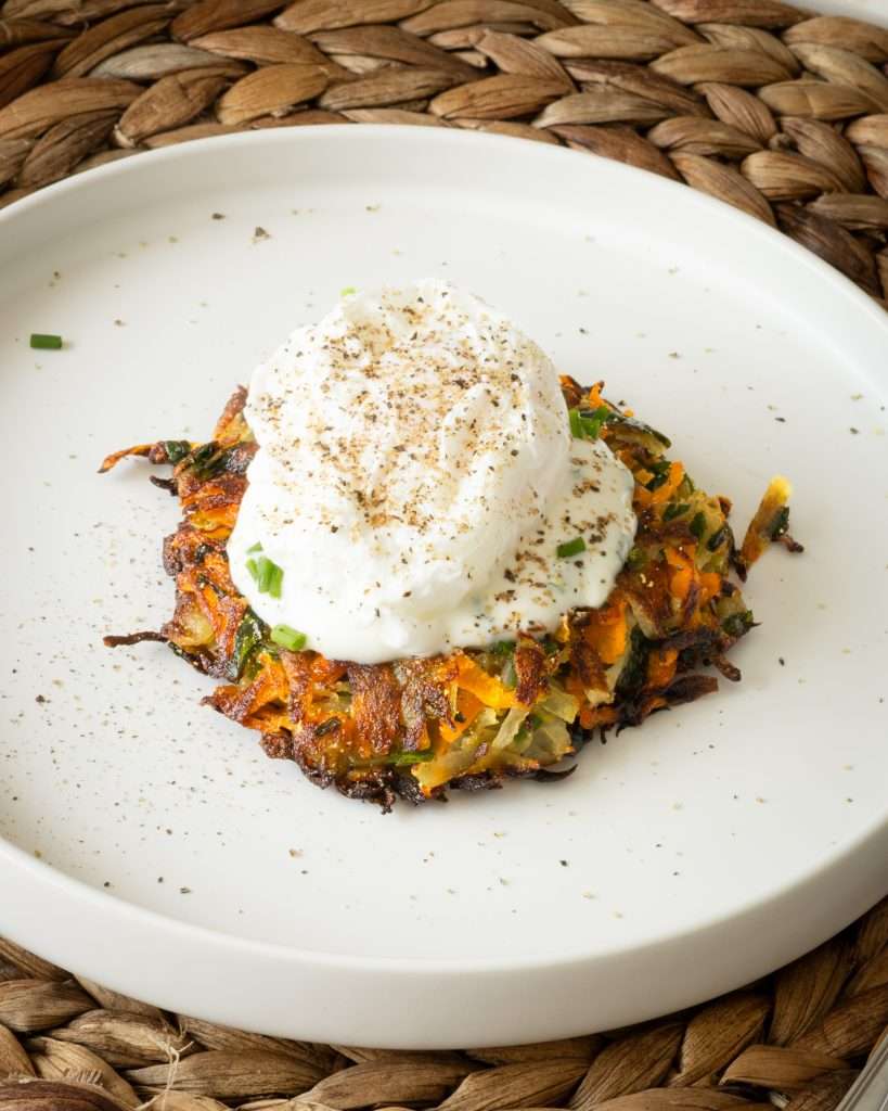 Spring Carrot Rösti Recipe with Lemon and Herbs 13 Carrot and potato rosti with lemon yogurt and a poached egg on top.