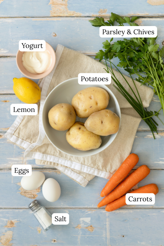 Spring Carrot Rösti Recipe with Lemon and Herbs 5 Ingredietns for carrot and potato rosti laid out. Yogurt, lemon, herbs, potatoes, carrots, eggs, and salt.