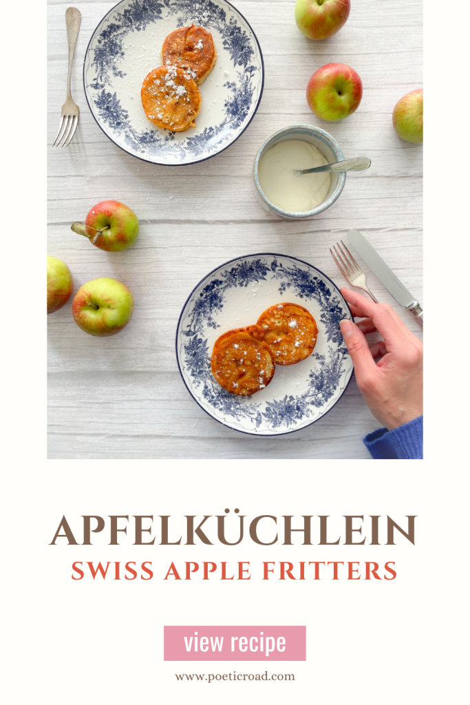 Apfelkuchlein pinterest pin with an image of the Swiss apple fritters at the top and the recipe title underneath.