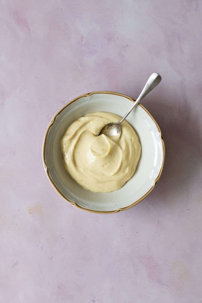 Strawberry Rhubarb Brioche Buns with Baked Vanilla Cream 25 Vanilla cream in a small bowl, made with cream cheese, egg, sugar, vanilla. and cornstarch.