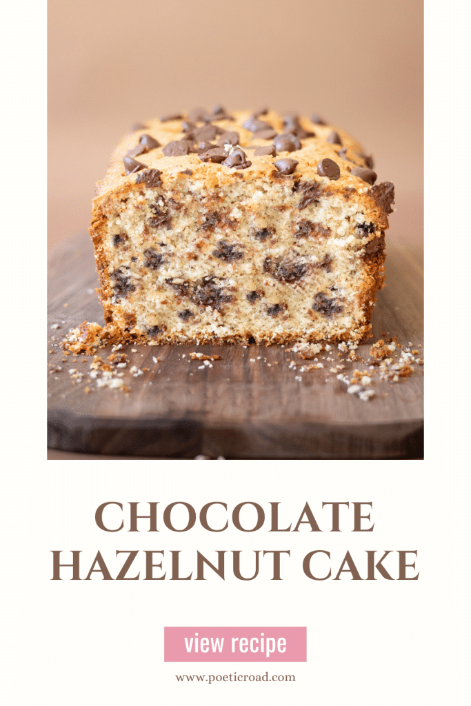 Chocolate Hazelnut cake pinterest pin with an image of the sliced cake on the top showing the chocolate chips and moist crumb and the recipe title underneath.