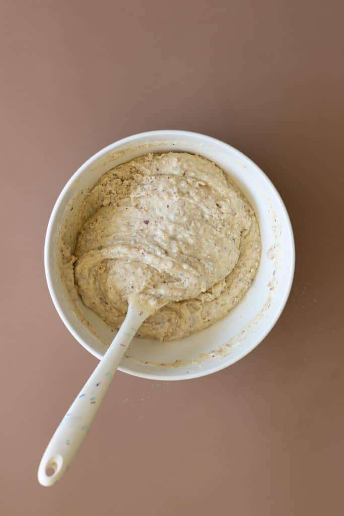 Hazelnut mixture folded into the cream and egg mixture to form the batter for the chocolate hazelnut cake.