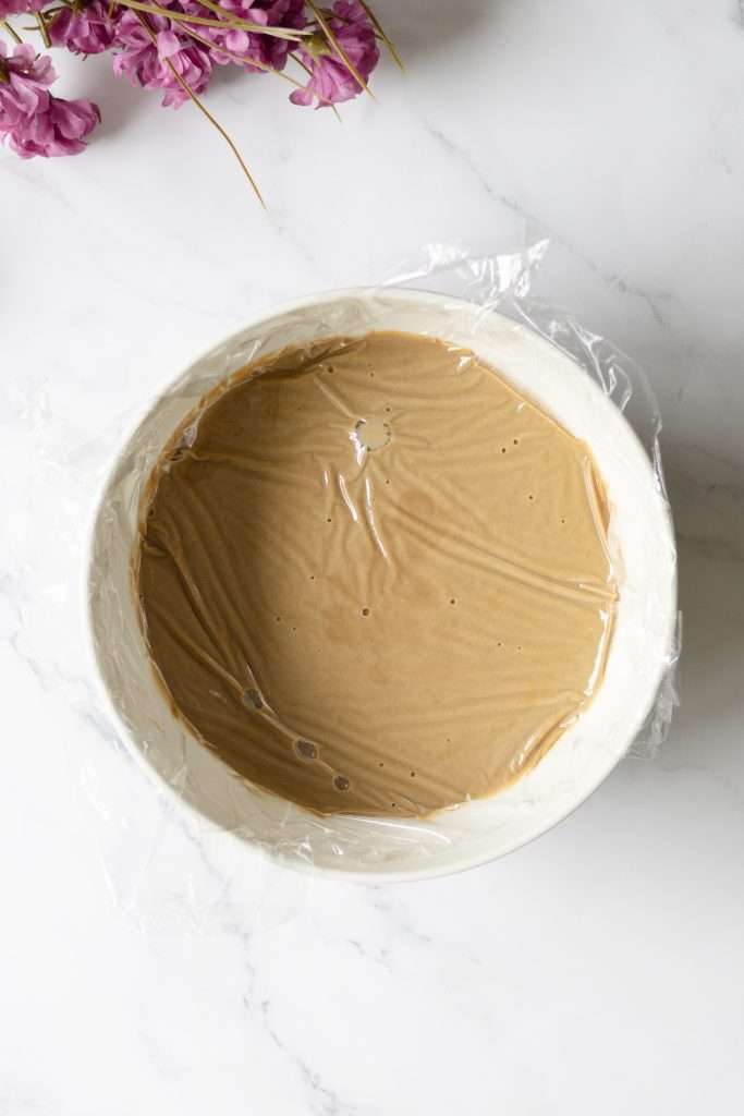 Homemade Coffee Ice Cream with Chocolate & Meringue 19 Coffee custard mixture covered in plastic wrap before being chilled overnight.