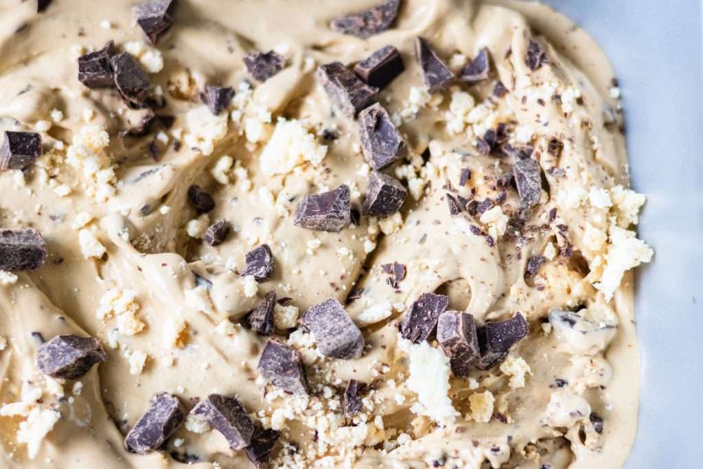 Homemade Coffee Ice Cream with Chocolate & Meringue 33 Texture of homemade coffee ice cream with chocolate and meringue bits.