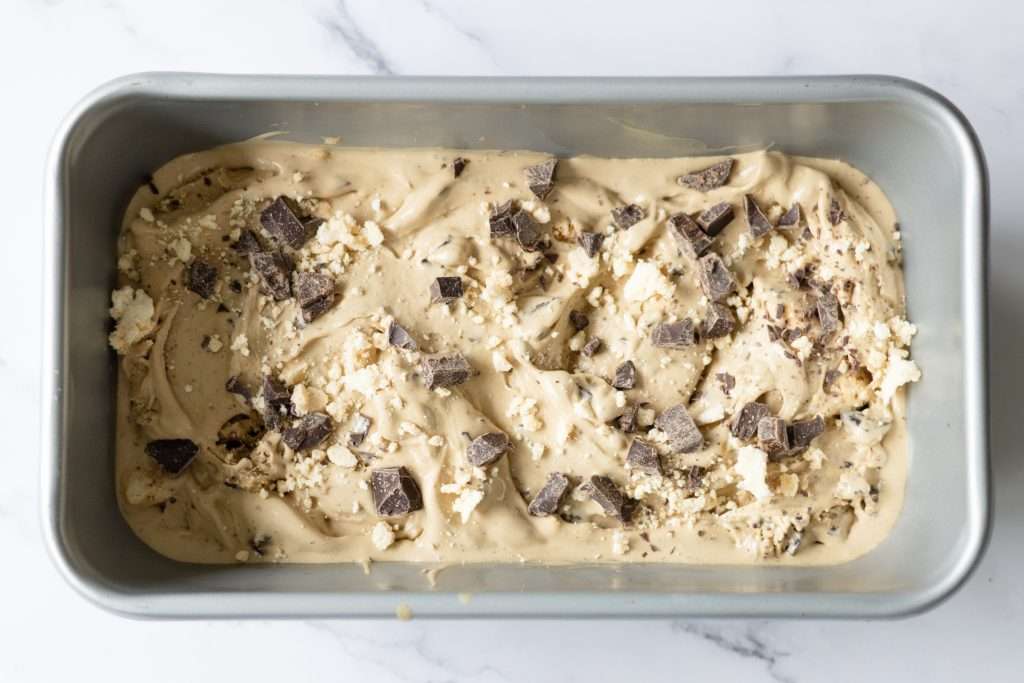 Homemade Coffee Ice Cream with Chocolate & Meringue 21 Chilled coffee ice-cream in a loaf pan and sprinkled with chocolate and meringue bits.