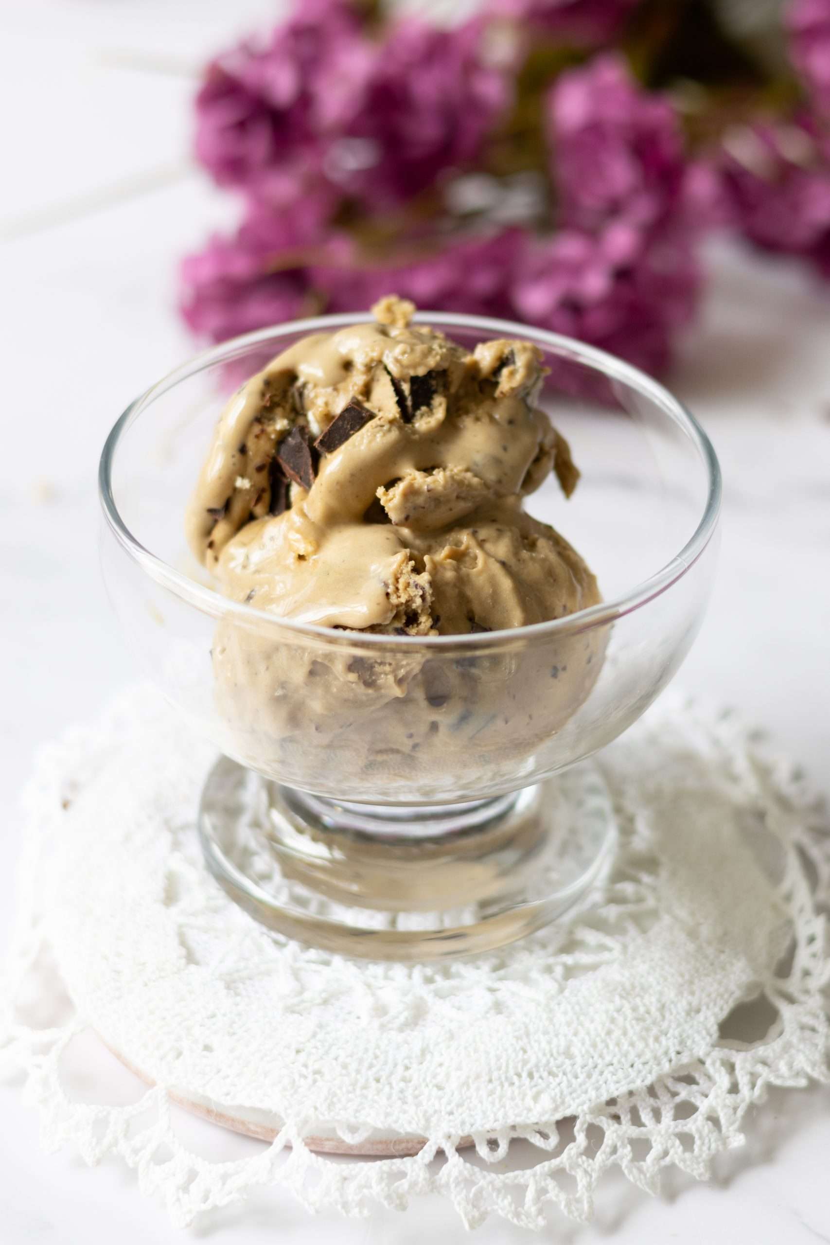 Homemade Coffee Ice Cream with Chocolate & Meringue 31 Homemade coffee ice-cream served in a small glass bowl.