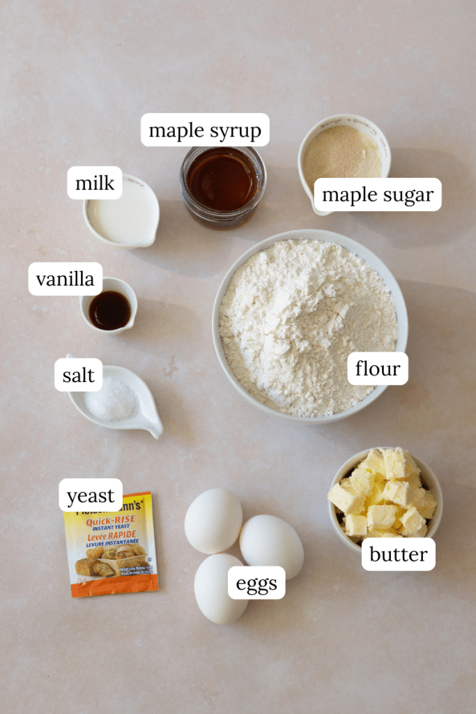 Maple Brioche with a Maple Sugar Swirl 5 Ingredients needed to make a maple brioche with a maple sugar swirl laid out and labelled with a text box.